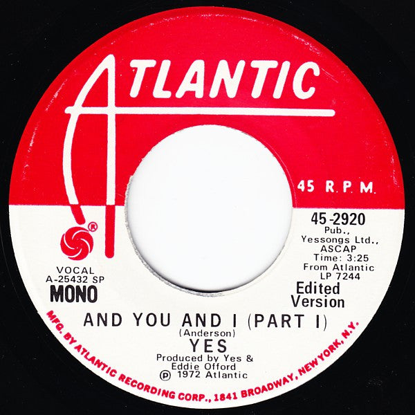 Yes : And You And I (Part I) (7", Mono, Promo, SP )