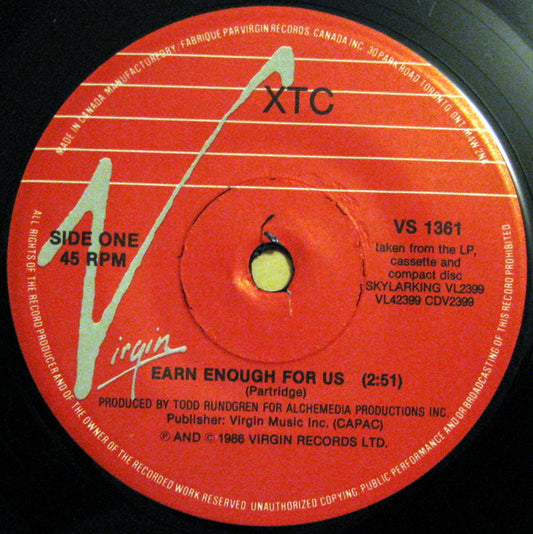 XTC : Earn Enough For Us / Sacrificial Bonfire (7", Single)