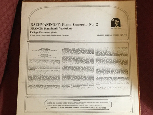 Philippe Entremont, Netherlands Philharmonic*, Walter Goehr, Sergei Vasilyevich Rachmaninoff, César Franck : Piano Concerto No. 2 In C Minor; Symphonic Variations (LP, Album)