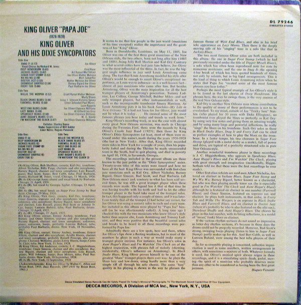 King Oliver And His Dixie Syncopators* : King Oliver "Papa Joe" (1926-1928) (LP, Comp)