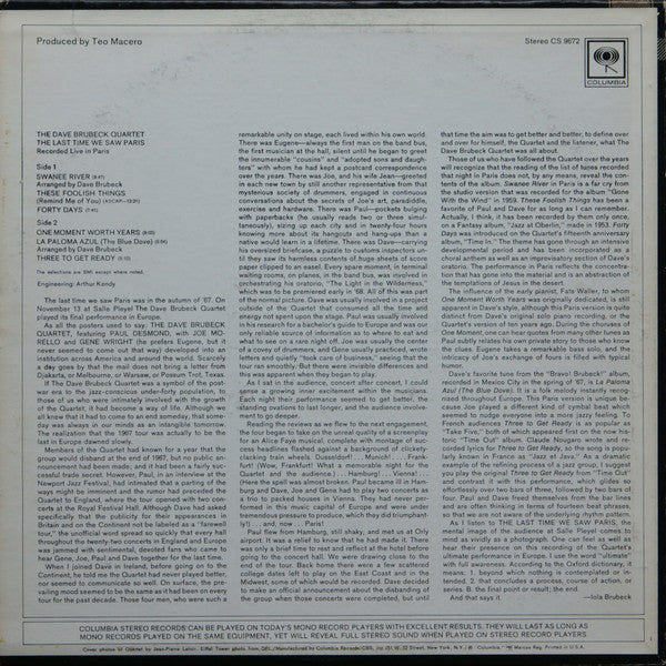 The Dave Brubeck Quartet : The Last Time We Saw Paris (LP, Album, Pit)