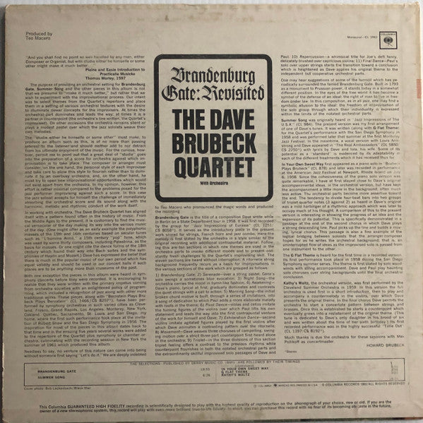The Dave Brubeck Quartet With Orchestra* : Brandenburg Gate: Revisited (LP, Mono, Ter)