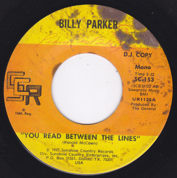 Billy Parker (4) : You Read Between The Lines (7", Single, Mono, Promo)
