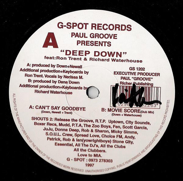 Paul Groove Presents Deep Down (9) Feat: Ron Trent & Richard Waterhouse : Can't Say Goodbye (12")