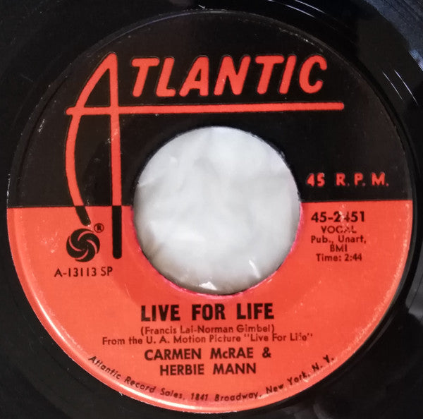 Carmen McRae & Herbie Mann : Live For Life / Cottage For Sale (7", Single, SP )
