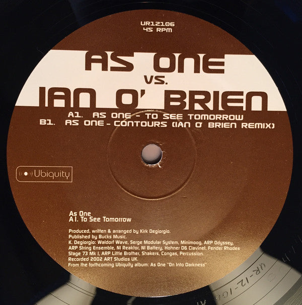 As One Vs. Ian O'Brien : To See Tomorrow / Contours (12", Ltd)