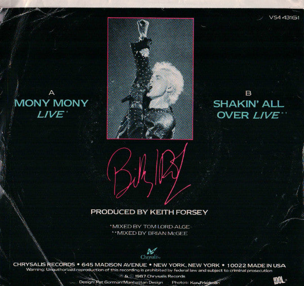 Billy Idol : Mony Mony (Live) (7", Single, Styrene, Car)