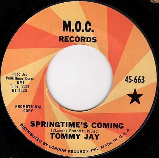 Tommy Jay (3) : Springtime's Coming / I Don't Care Anyway (7", Single, Promo)