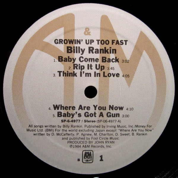 Billy Rankin : Growin' Up Too Fast (LP, Album, Ele)