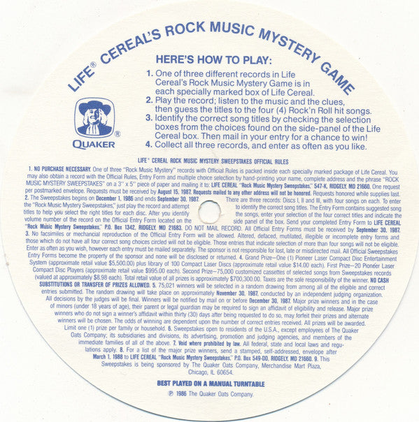 Various : Life Cereal Rock Music Mystery 3 (Flexi, 5½", S/Sided, Card, Pic)