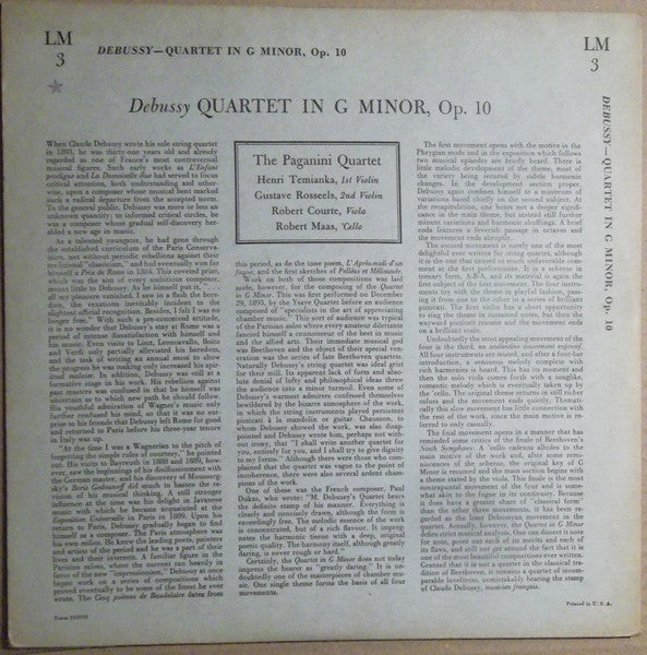 Debussy* - The Paganini Quartet* : Quartet In G Minor, Op. 10 (10", Album, Mono)