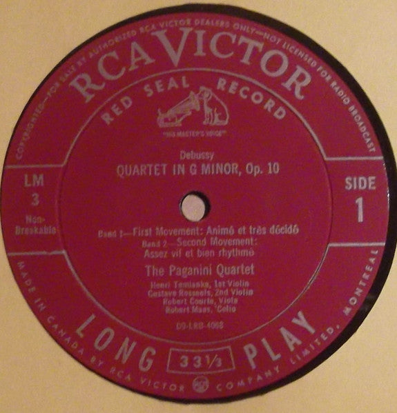 Debussy* - The Paganini Quartet* : Quartet In G Minor, Op. 10 (10", Album, Mono)