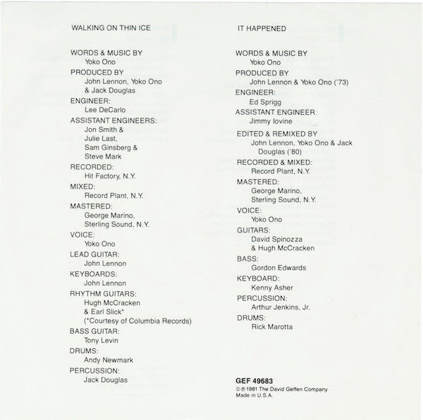 Yoko Ono : Walking On Thin Ice (7")